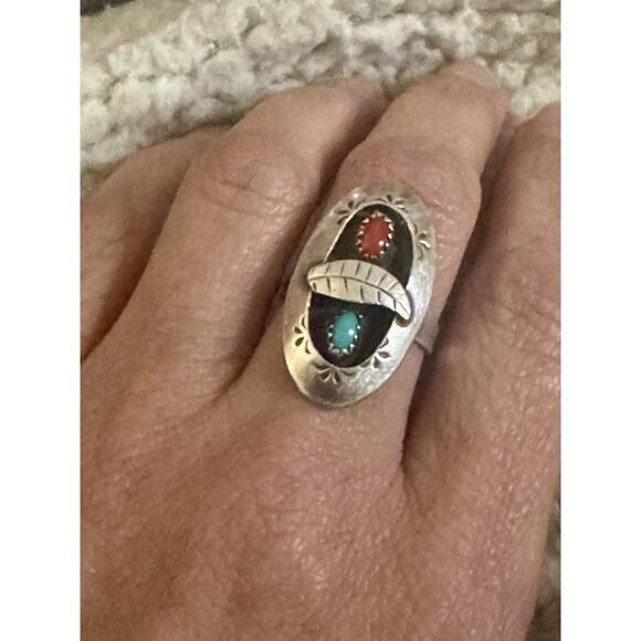 Vintage Navajo Native American Sterling Silver Coral & Turquoise Leaf Ring Sz 7 - Picture 4 of 6